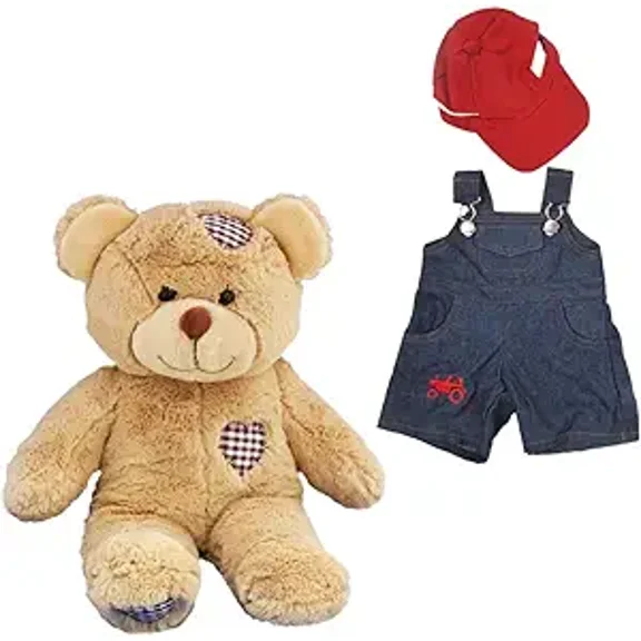 Plush Gear Brown Patches Bear 16" Plush Stuffed Animal Toy with Farmer Outfit Adorable Gift for Kids