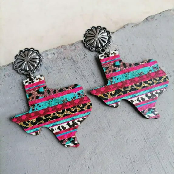 New Texa Map Print Wood Earrings Silver Texture Navajo TX Ethnic Western Jewelry