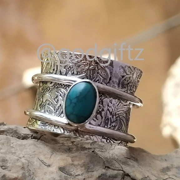 New Texture Spinner Ring - Turquoise Gemstone Ring - 925 Sterling Silver Ring - Statement Ring - Bohemian Ring - Spinning Band ring