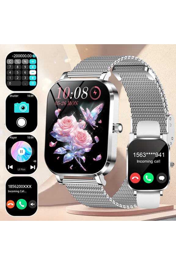 New Thin Light 1.75-inch HD Smartwatch, Wireless 5.2, Multi-motion Tracker, Music & Call Functions, Alloy Body, Silicone Strap, Rechargeable Lithium Polymer Battery, iPhone & Android Compatible