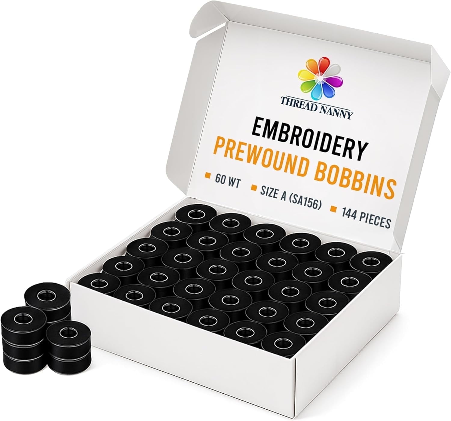 New ThreadNanny 144 Class A Black Pre-Wound Bobbins for Brother Embroidery Machines Compatible with SE 270D, SE 400, SE350, PE-700, PE700II, PE-750D, PE-770