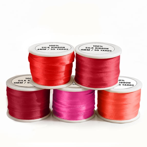 New ThreadNanny 5 Spools of 100% Pure Silk Ribbons - 4mm x 10 Meters - Red Shades