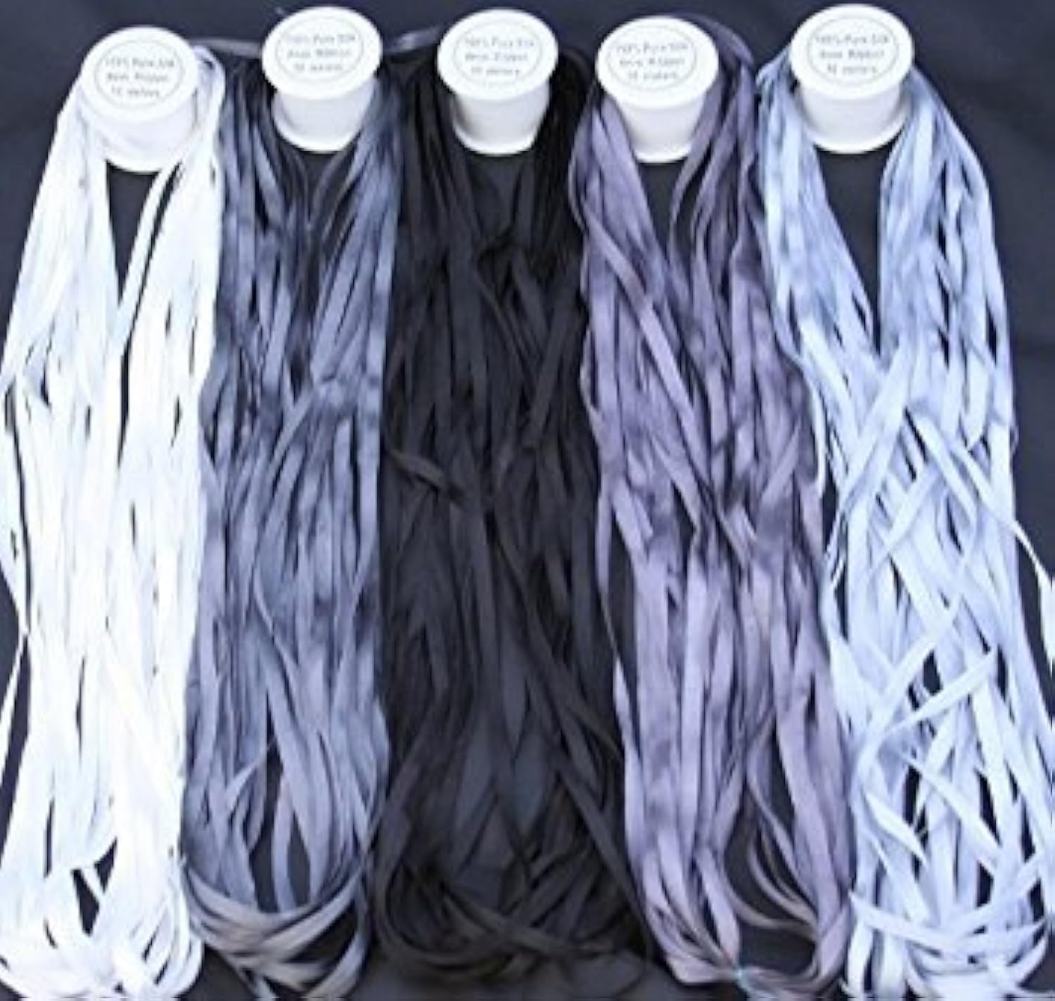 New ThreadNanny 5 Spools of 100% Pure Silk Ribbons - Grey Tones - 50 MTS x 4mm
