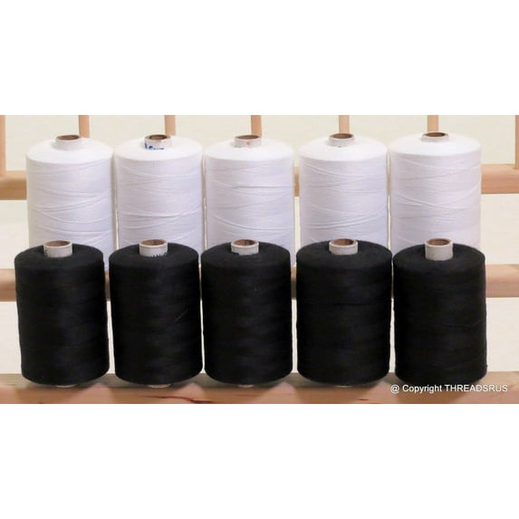 New ThreadNanny 5 White & 5 Black Spools Heavy Duty 3-PLY Polyester Quilting Serger Sewing Threads
