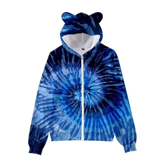 New Tie Dye 3D Printed Cat Ears Zipper Hoodie For Children With Cat Ears Pullover For Girl And Boy Size 10-11T