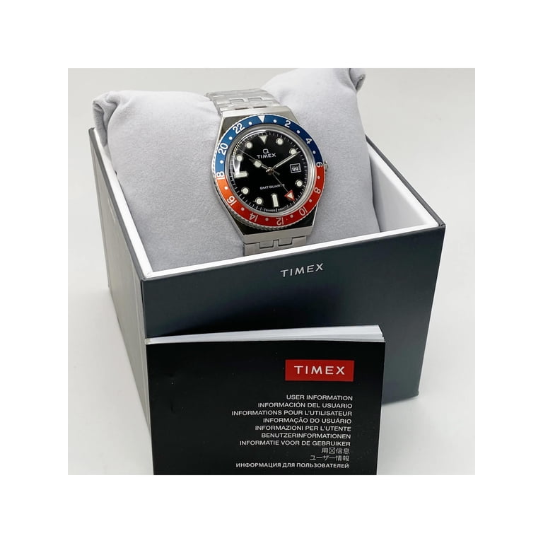 New Timex Q GMT 38mm Stainless Steel Black Dial Men Quartz Watch