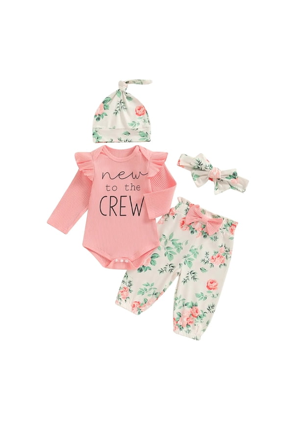 New To The Crew Baby Girl Outfit Newborn Coming Home From Hospital Outfits Ribbed Romper Bodysuit Floral Pants Set (Pink, 3-6 Months)