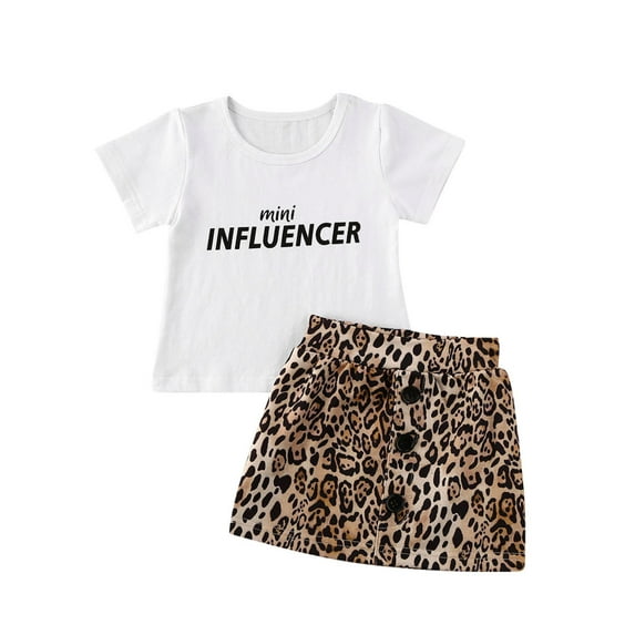 New Toddler Kid Baby Girl Short Sleeve Top T-Shirt + Leopard Mini Dress Skirts 2Pcs Summer Casual Outfits