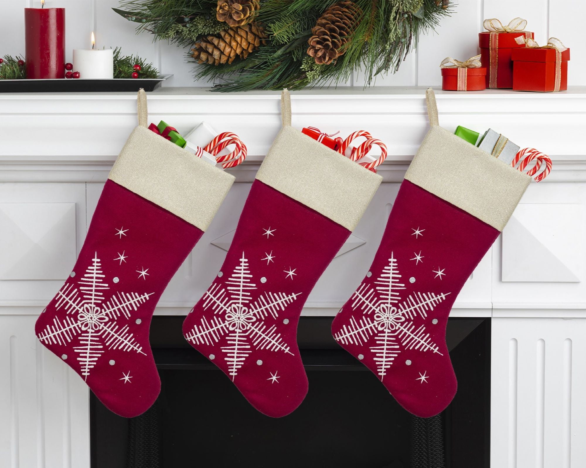 New Traditions 20” Elegant, Large Christmas Stockings in Red with 3D Snowflakes, 3 Pack