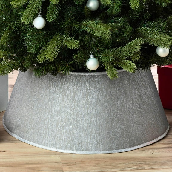 New Traditions Christmas Tree Collar – Metallic Silver Fabric – 26" Diameter Fabric Stand Band for Artificial & Natural Trees – Tree Skirt Alternative, Collapsible