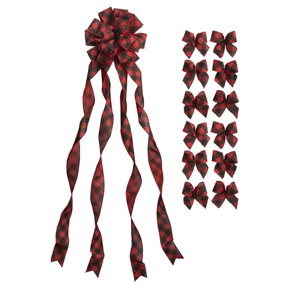 New Traditions Large Christmas Tree Topper Bow & 12 Mini Bows - Red & Black Ribbon