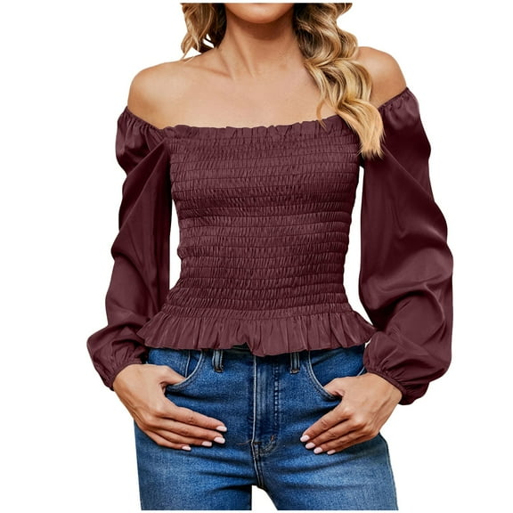 New&Trending!DianGeFu Blouses for Women 2025 Womens Plus Size $15,Women's Fashion Casual Spring Summer Long Sleeve Round-Neck Blouses & Shirts,Wine,L