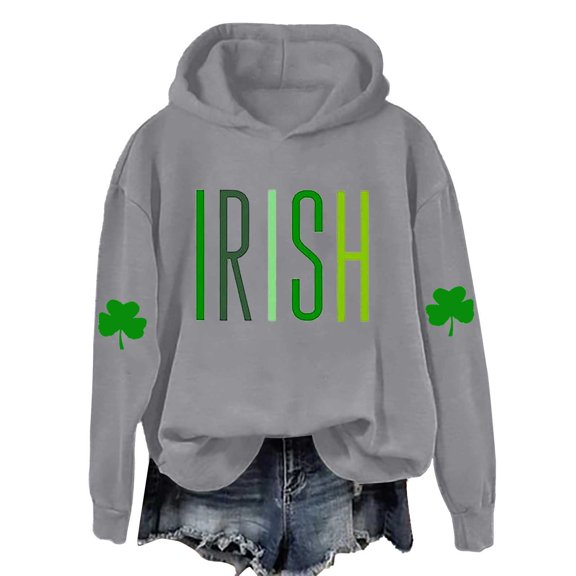 New & Trending!FUNUONY St. Patrick's Day Womens Hoodies Women's Long Sleeved St. Day Printed American Flag Hooded Top Gray L