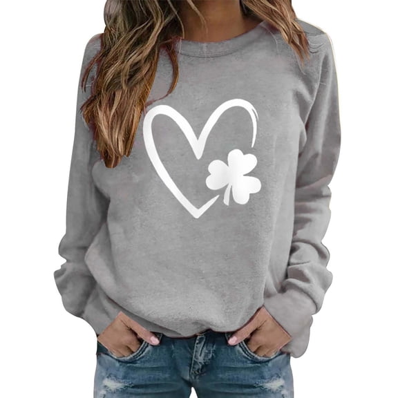 New & Trending!FUNUONY St Patricks Day Shirt Women's Fashionable Round Neck Casual Print Top Sweatshirt Gray XL