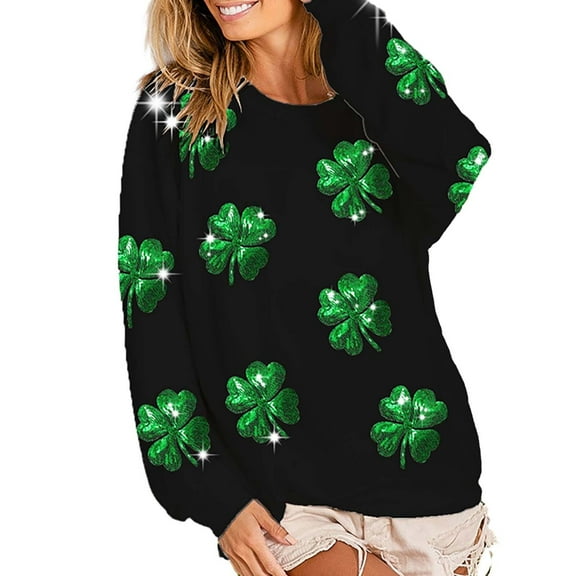 New & Trending!FUNUONY St Patricks Day Shirt Women's Sequin St. Day Sweatshirt Heart Sparkly Oversized Crewneck Long Sleeve Holiday Sweater Pollover Black L