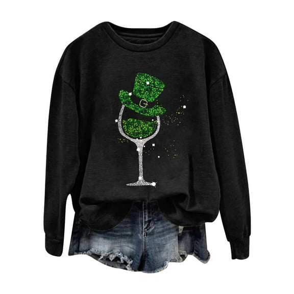 New & Trending!FUNUONY St Patricks Day Shirt Women's Wine Glass Printed Round Neck Long Sleeved Top Black XXL