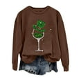 thumbnail image 1 of New & Trending!FUNUONY St Patricks Day Shirt Women's Wine Glass Printed Round Neck Long Sleeved Top Brown S, 1 of 4