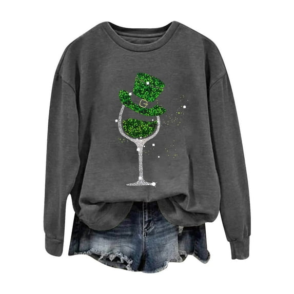 New & Trending!FUNUONY St Patricks Day Shirt Women's Wine Glass Printed Round Neck Long Sleeved Top Dark Gray XL