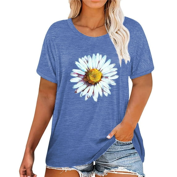 New & Trending Uooqdmx Graphic Tees for Women, Floral Tops for Women, Beach Vacation Clothes for Women, Short Sleeve T Shirt Round Neck Loose Soft Top, Plus Size Tops for Women, Sky Blue 3XL