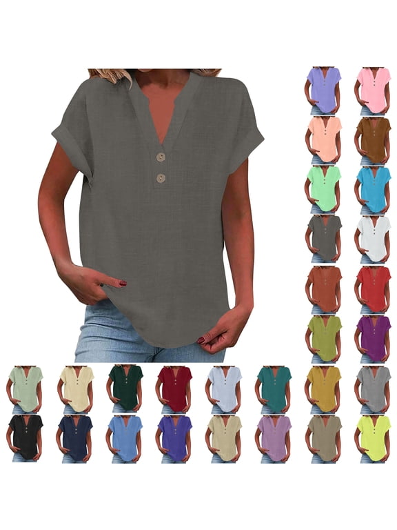 New & Trending for Spring Sawvnm Women's Fashion Solid Button Shirt Female V-Neck Loose T-shirt Blouse Gray XL
