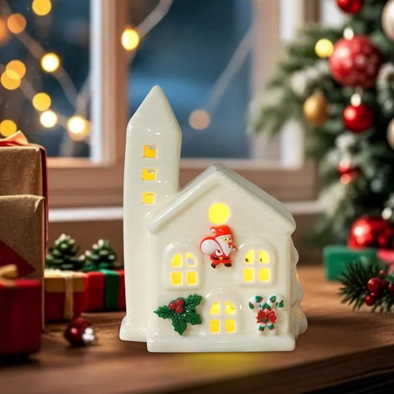 New & Trending karymi Ceramic Christmas House LED Night Light Hollow Snowflake Pattern Button Battery Powered Tabletop Decor Warm Yellow Glow Christmas Party Decorations Summer Savings