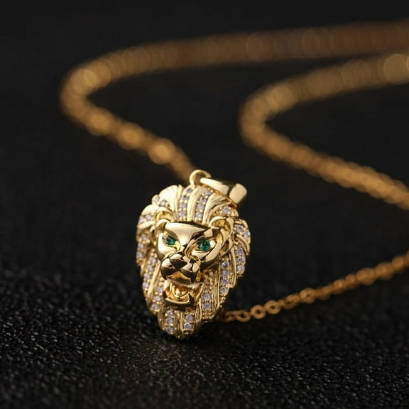 New Trendy Animal Lion Head Rhinestone 14K Yellow Gold Pendant Necklace for Men Austrian Crystal Green Jade Inlaid Hanging Necklace Accessories