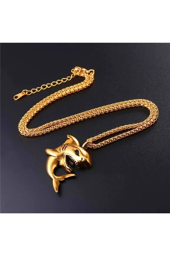New Trendy Animal Shark 14K Yellow Gold Pendant Necklace for Men Shark Necklace Pendant Accessory Party Jewelry