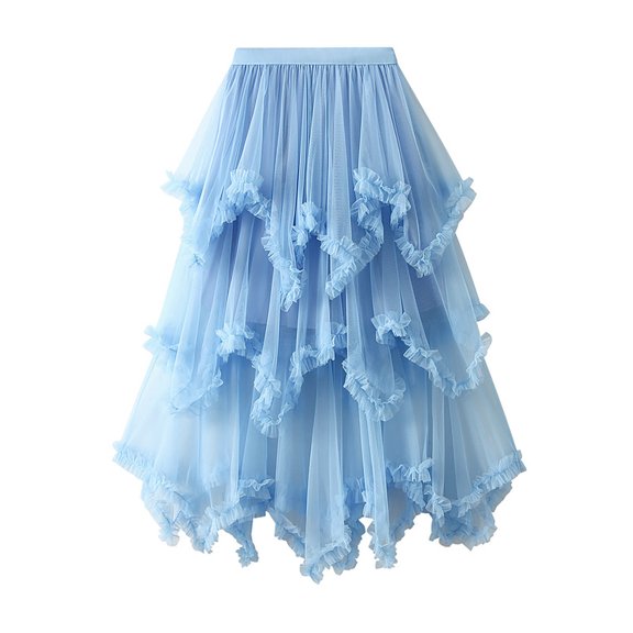 New Trendy!Brilliant Womens Dresses Women Irregular MultilayerGauze High Waisted Large Skirt Hem Gentle Skirt Blue F