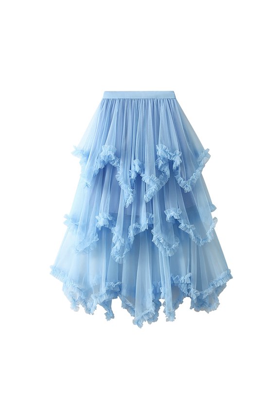 New Trendy!Brilliant Womens Dresses Women Irregular MultilayerGauze High Waisted Large Skirt Hem Gentle Skirt Blue F