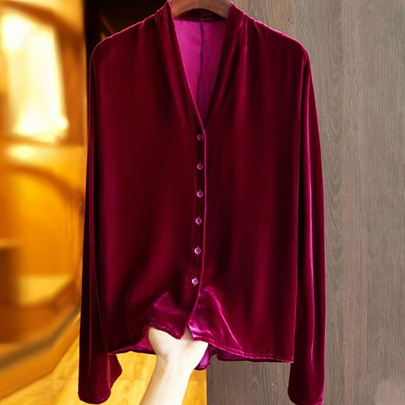 New Trendy!Homenesgenics Clothes under $5.00 Fashion Women Solid Gold Velvet 3/4 Sleeves Round Necked Pleated Back Hollowed Out Top/Red XL