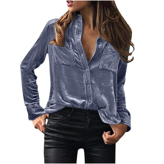 New Trendy!Homenesgenics Clothes under $5.00 New Fashionable Long Sleeved Lapel Button Up Women's Top Shirt Golden Velvet Shirt/Blue XXL