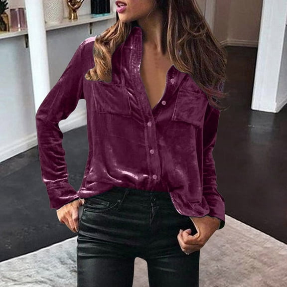 New Trendy!Homenesgenics Velvet Tops for Women Women's Ladies Solid Button Collar Tops Loose Tops Casual T-Shirts Long Sleeve Blouse/Purple L