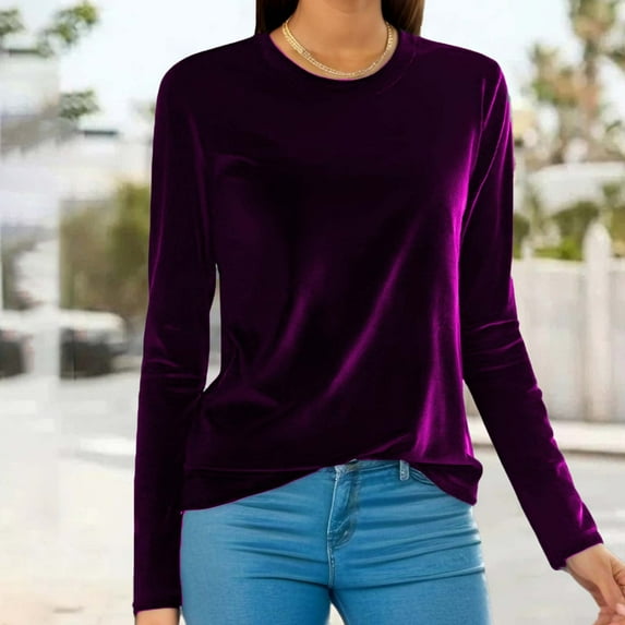 New Trendy!Homenesgenics Velvet Tops for Women Fashion Women Comfortable Casual Solid Color Long Sleeve Round-Neck Blouses/Purple M