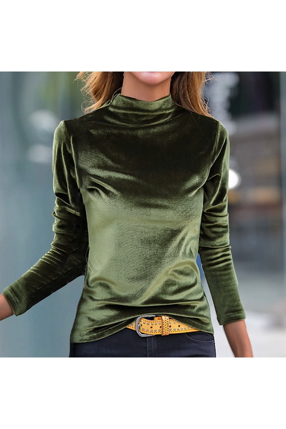 New Trendy!Homenesgenics Velvet Tops for Women Women's Casual Solid Top Spring Long Sleeve TurtleNeck Blouse Shirts/Green XXXXL