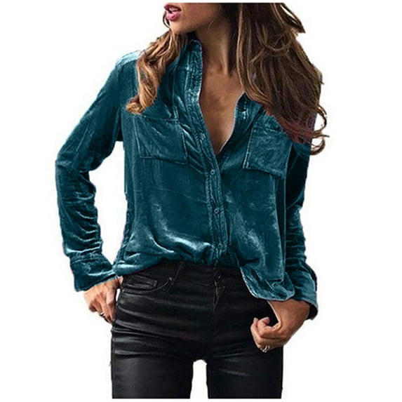 New Trendy!Homenesgenics Clothes under $5.00 Fashion Women's Spring Velvet Long Sleeve Button Pocket Casual Shirt Top/Blue XXL