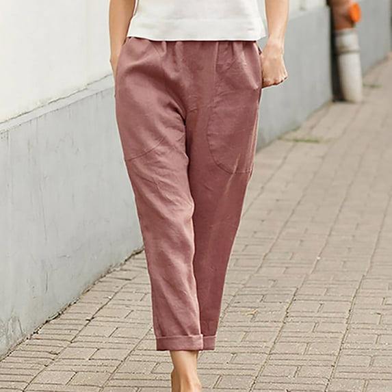 New Trendy!Homenesgenics Cotton Linen Pants for Women Women's Elastic Waist Casual Pants Solid Color Large Pocket Straight Pants Black S