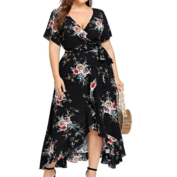 New Trendy!Homenesgenics Maxi Dress Plus Size Women Casual Short Sleeve Cold Shoulder Boho Flower Print Long Dress