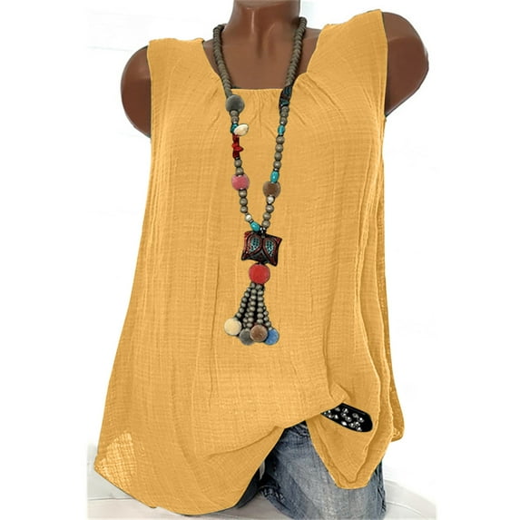 New Trendy!Homenesgenics Tank Tops for Women under $5 Women's Summer Solid Color Casual Loose Fit Pleated Round Neck Sleeveless Tops Yellow XL
