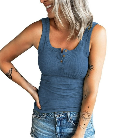 New Trendy!Homenesgenics Tank Tops for Women with Built in Bra Women Casual s Sleeveless Buttons Slimming Solid Pullover Vest Blouse Tops Blue XL