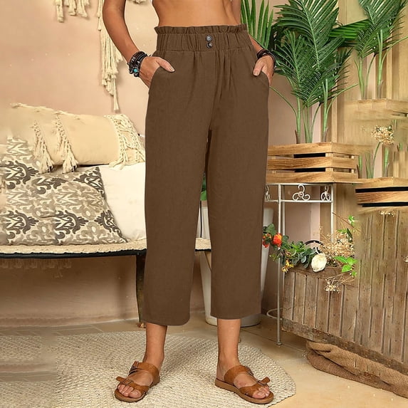 New Trendy!Homenesgenics Women Cargo Pants Khaki Women's Cotton Linen Loose Pants Button Elastic Waist Casual Straight Tube Pants Capris Brown S