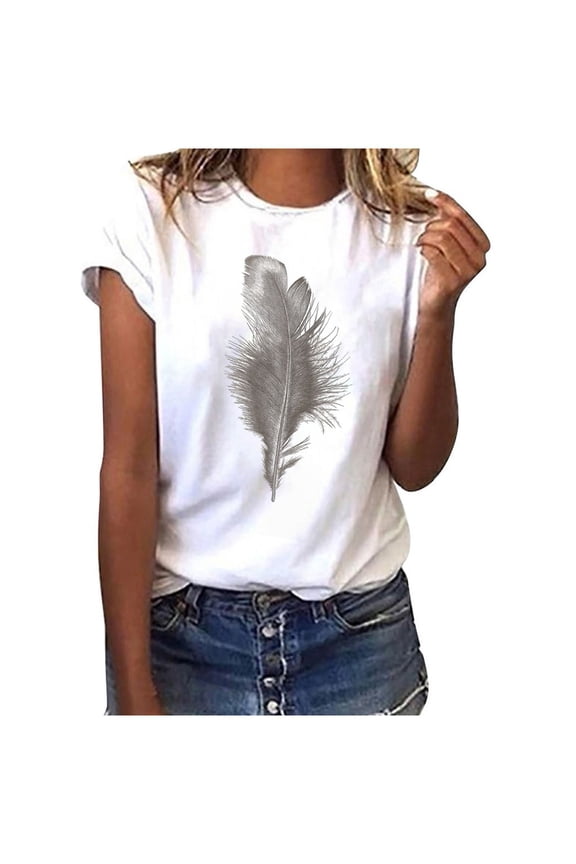New Trendy!Homenesgenics Womens Tops under $10 Fashion Women Short Sleeve T-Shirt Feather Print Casual Top Tee Blouse S-5XL