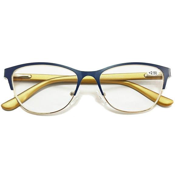 New Trendy Women's Blue Cat Eye Reading Glasses 2.00, Classic HD Fashion Metal Spring Hinge Readers +2.00