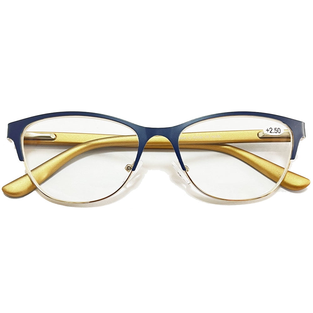New Trendy Women's Blue Cat Eye Reading Glasses 3.50, Classic HD Fashion Metal Spring Hinge Readers +3.50