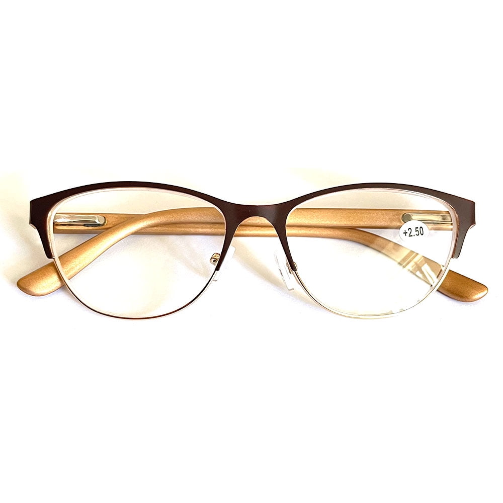 New Trendy Women's Brown Cat Eye Reading Glasses 2.50, Classic HD Fashion Metal Spring Hinge Readers +2.50