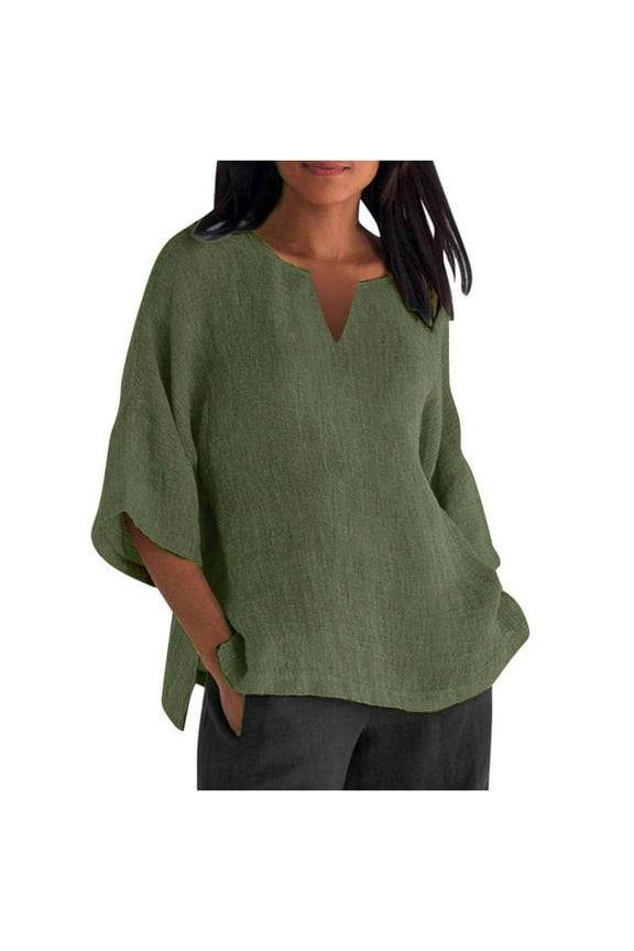 New Trendy!Women's Fashion Summer V Neck Leisure Three-quarter Sleeve Solid Tops,Army Green S
