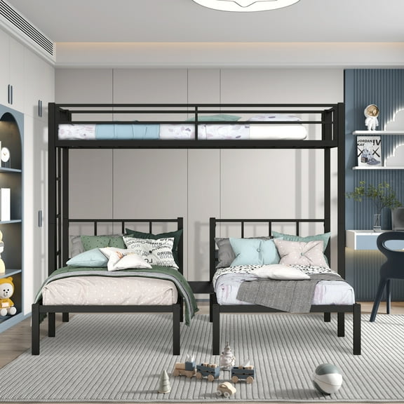 New Triple Bunk Bed - Convertible Metal Dormitory Bed with Safety Guardrails, Industrial Style, Black, No Box Spring Needed, Easy Assembly