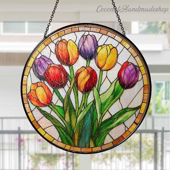 New Tulips Glass Suncatcher, Botanical Lover Gift, Flowers Suncatcher, Colorful Window Decor, Tulips Housewarming Gifts, Gifts for Mom Her
