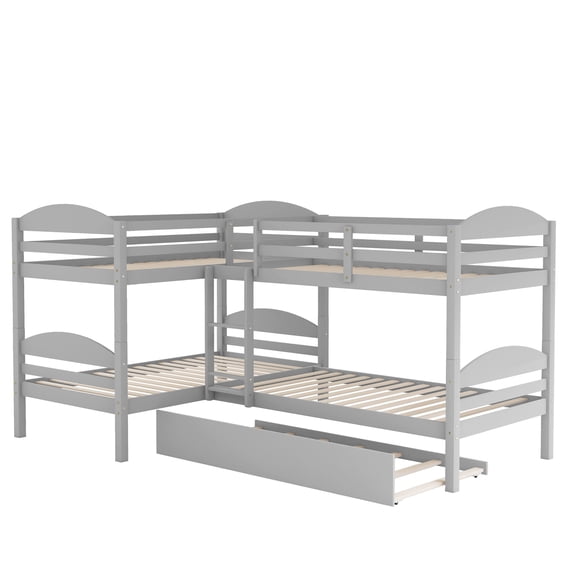 New Twin L-Shaped Bunk bed with Trundle-Gray{