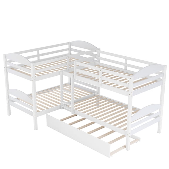 New Twin L-Shaped Bunk bed with Trundle-White{