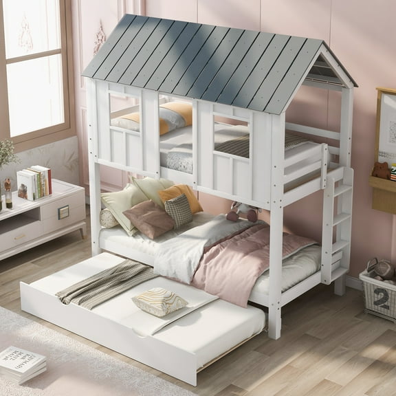 New Twin Size House Bunk Bed with Trundle,Roof and Windows,White+Grey